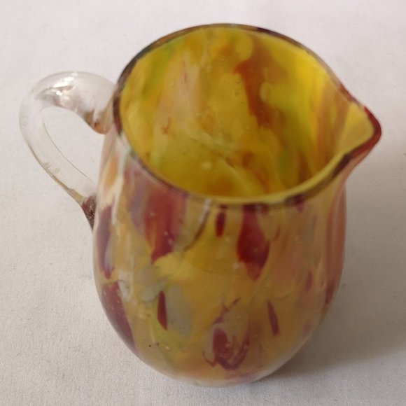 Lovely Tutti-Frutti Pattern Hand-blown Art Glass Vessel Applied Clear Handle - Picture 5 of 6